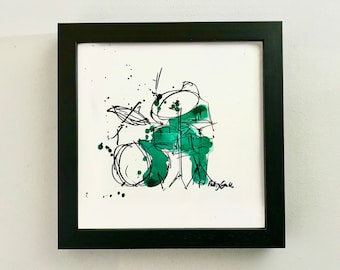 Hand coloured drummer print, original, drawing, art, gift, musician, present, drummer