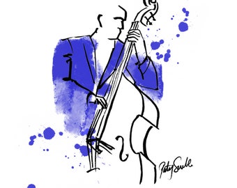 Double Bass Player Greetings Card, original, drawing, art, birthday, gift, present, musician, bass, music, jazz