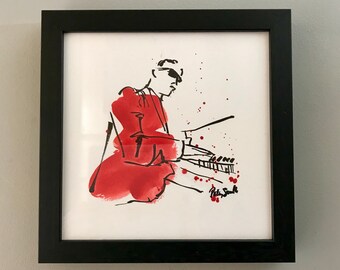 Hand coloured jazz pianist print, original, drawing, art, gift, musician, present, piano