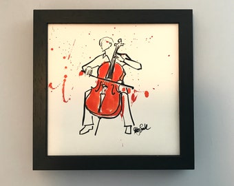 Hand coloured cellist print, original,drawing, art, gift, musician, present, cello
