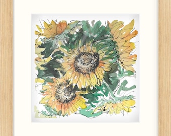 Sunflowers Print, original, art for home, painting, gift, present, nature, botanical, flowers
