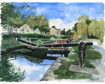 Stroudwater Canal, Bowbridge Lock, greetings card, original painting, watercolour, Gloucestershire, canals, gift, present, print