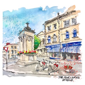 Troud vier Uhren Grußkarte, Druck, Gloucestershire, Cotswolds, Original, Kunst, schrullig, Geschenk, Geburtstag, Stroudie