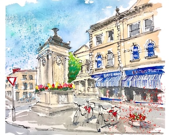 Stroud Four Clocks greetings card, print, Gloucestershire, Cotswolds, original, art, quirky, gift, present, birthday, Stroudie