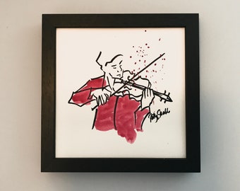 Hand coloured violinist print, original, drawing, art, gift, musician, present, violin