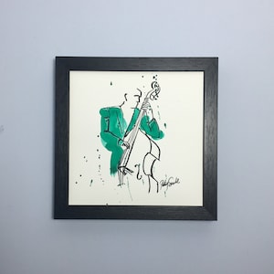 Hand coloured double bass player print, original, drawing, art, gift, musician, present, bassist