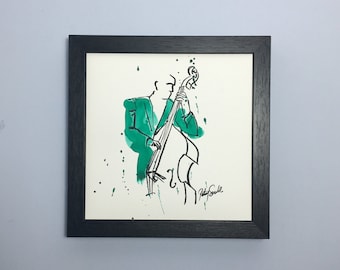 Hand coloured double bass player print, original, drawing, art, gift, musician, present, bassist