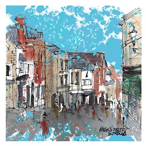 Stoud High Street Grußkarte, Gloucestershire, Cotswolds, Original, Kunst, Geschenk, Präsent, Geburtstag, Stroudie,