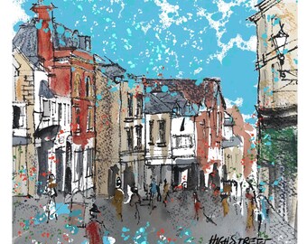 Stroud High Street greetings card, Gloucestershire, Cotswolds, original, art, gift, present, birthday, Stroudie,