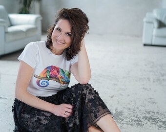 Frauen T-Shirt mit Chamäleon Druck, Damenkleidung, Baumwolle 100%, Aquarell Druck T-Shirt, T-Shirt Kunst, Geschenk für sie