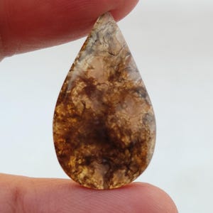 Pode incluir: Um cabochão de ágata marrom e branco em forma de lágrima com um padrão dendrítico. A ágata é translúcida e tem um aspecto natural e orgânico.