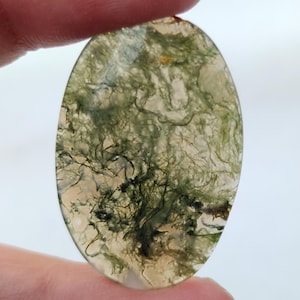 May include: Oval shaped green moss agate cabochon with a white and green marbled pattern.