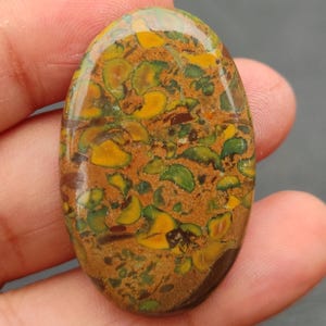 May include: Oval-shaped gemstone with a polished surface. The stone features a mix of colors, including brown, yellow, and green, creating a unique pattern. The gemstone is held in a hand, showcasing its size and shape.