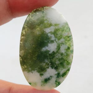 May include: Oval shaped green and white agate cabochon with a swirling pattern. The stone is translucent and has a smooth, polished surface.