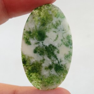 以下が含まれることがあります： 緑と白のモザイクアゲートの楕円形のカボション。石は、白い背景に緑の苔のようなインクルージョンが渦巻くパターンをしています。