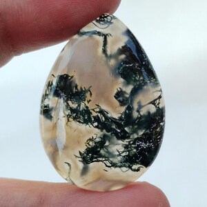 May include: A teardrop-shaped cabochon of moss agate with a white and green dendritic pattern. The stone is translucent and has a smooth, polished surface.
