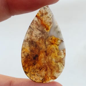 Pode incluir: Um cabochão de ágata em forma de lágrima com padrões de redemoinho marrom, laranja e branco.