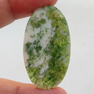 May include: Oval shaped green and white moss agate cabochon. The stone has a swirling pattern of green and white.