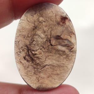 Pode incluir: Cabochão de ágata oval, translúcido, marrom claro com inclusões dendríticas marrom escuro. A pedra tem uma aparência nublada e veteada.