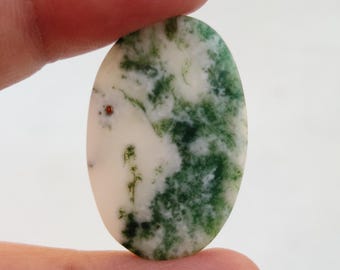 Pode incluir: Cabochão ovalado de ágata verde e branca com uma mancha vermelha. A pedra tem um padrão de redemoinho de verde e branco.