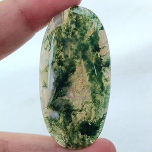 May include: A green and white moss agate cabochon with a unique, swirling pattern. The stone is oval-shaped and has a smooth, polished surface.
