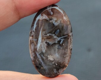 May include: A polished oval cabochon of agate with a brown, white, and grey pattern. The stone has a translucent appearance and shows intricate details of the agate's natural formation.