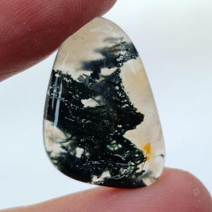 May include: A teardrop-shaped, translucent green and white agate stone with a dendritic pattern. The stone has a smooth, polished surface.