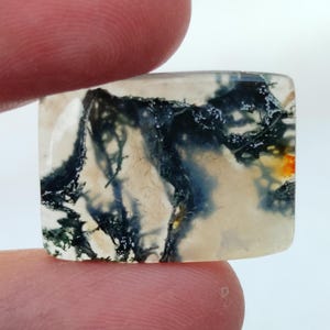 May include: A white agate cabochon with dendritic inclusions. The agate has a translucent appearance with black, green, and orange dendrites.