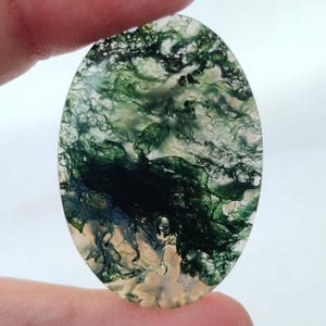 May include: Oval shaped green moss agate cabochon with a white and green swirling pattern.