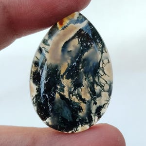 May include: A teardrop-shaped cabochon of moss agate with a translucent, milky white base and dendritic inclusions of green and black. The stone has a natural, organic look.