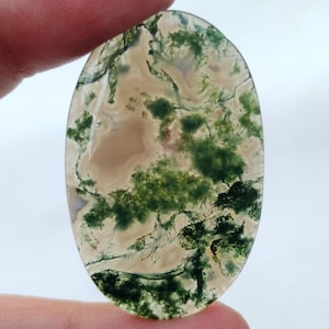 May include: Oval shaped green moss agate cabochon with a white and green pattern. The stone has a natural, organic look.