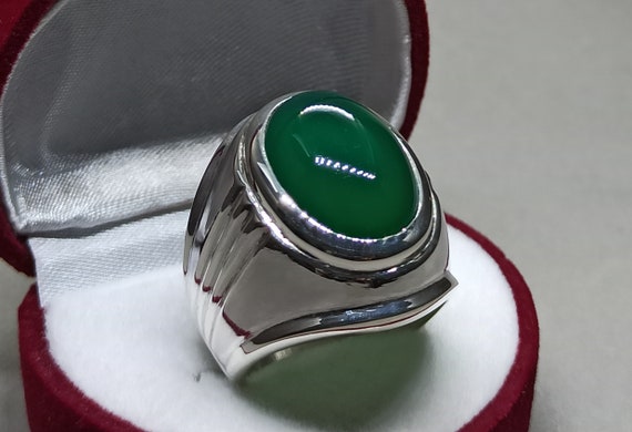 Details about / Natural Yemeni Sabz Aqeeq Sterling Silver 925 Handmade Big Green Agate Mens Ring