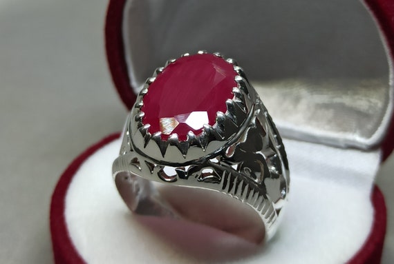 Mens Plain Real 925 Sterling Silver Ruby Red Stone Ring Size 7 8 9 10 11
