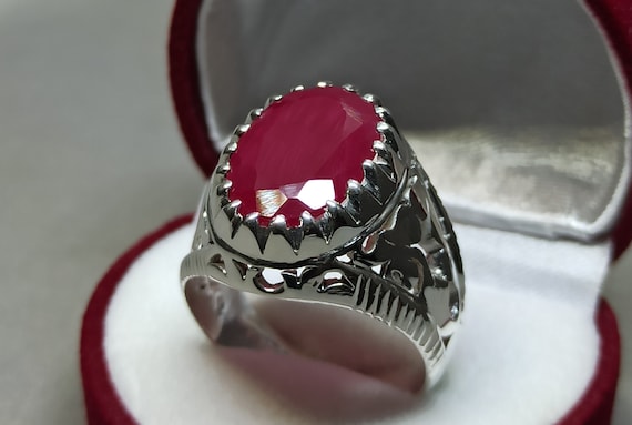 Mens Plain Real 925 Sterling Silver Ruby Red Stone Ring Size 7 8 9 10 11