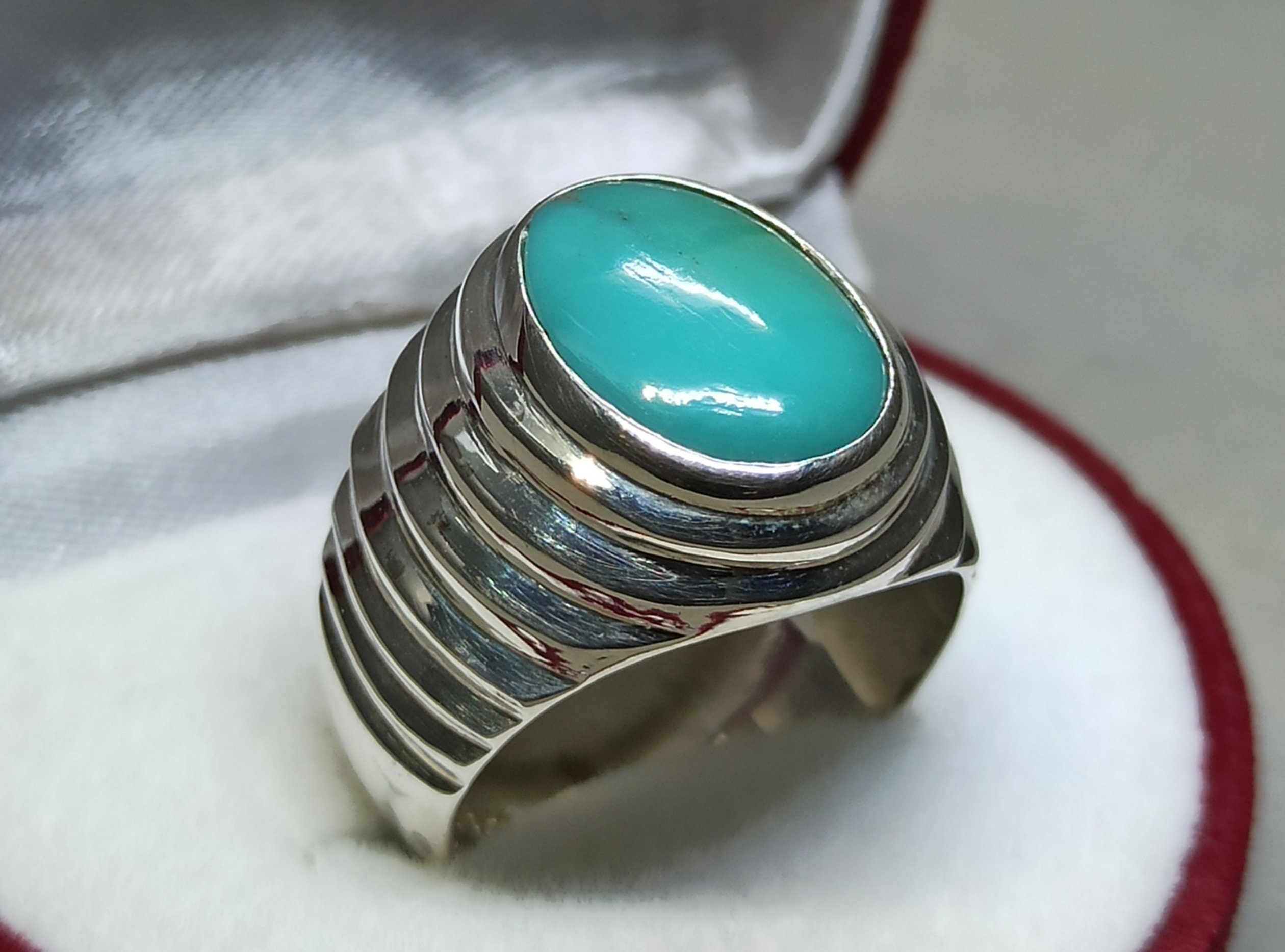 Mens Handmade Sterling Silver Turquoise Ring: Natural Feroza Sabza