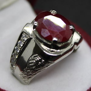 Natural Burma Ruby Ring: Dark Red Sterling Silver Mens Ring