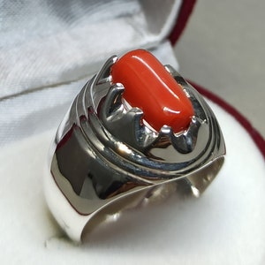 Handmade Sterling Silver Mens Coral Ring: Untreated Red Marjan Stone