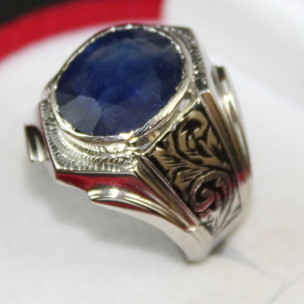 Royal Blue Sapphire-ring heren: handgemaakte sterlingzilveren 925-ring