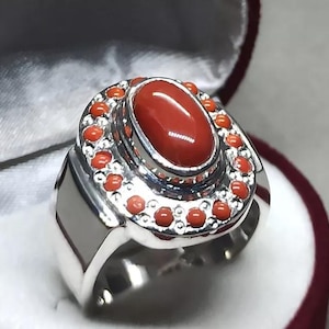Handmade Red Coral Sterling Silver Mens Ring