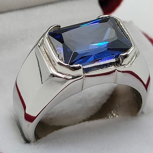 Handmade Rectangular Blue Zircon Sterling Silver Mens Ring