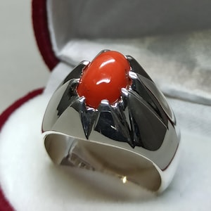 Handmade Sterling Silver Red Coral Mens Ring: Untreated Marjan Stone