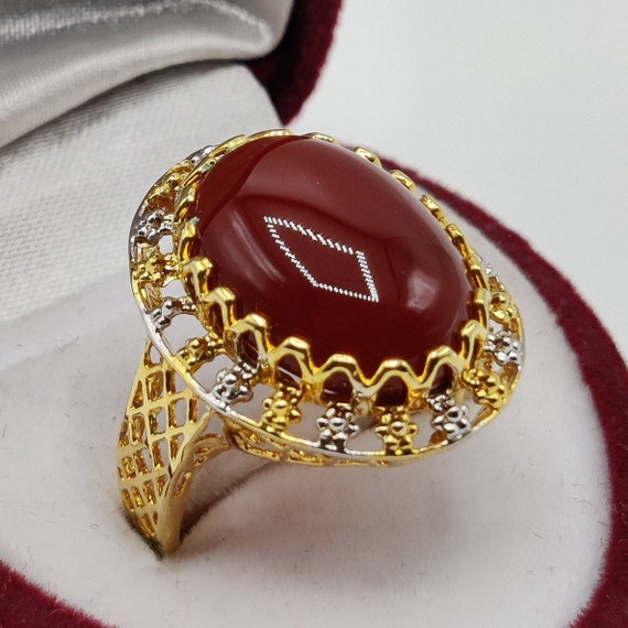 Oval Red Yemeni Aqeeq Grid Pattern Silver Ring | Boutique Ottoman Exclusive