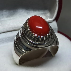 Handmade Sterling Silver Mens Ring: Natural Red Coral Marjan Stone