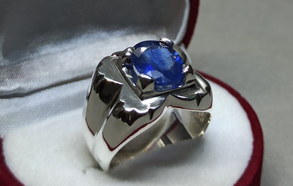 Natural Rare Ceylon Blue Sapphire Sterling Silver 925 Handmade Neelam Mens Ring 