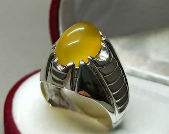 Handmade Yellow Agate Sterling Silver Mens Ring - Yemeni Aqeeq