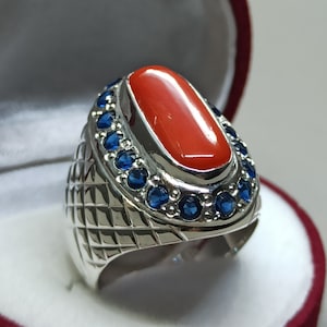 Handmade Red Coral Mens Ring: Sterling Silver & Sapphire