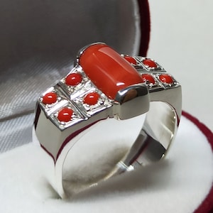 Handmade Red Coral Mens Ring: Sterling Silver 925 Marjan Ring