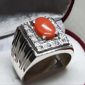 Handmade Mens Coral Ring: Sterling Silver 925, Natural Red Stone