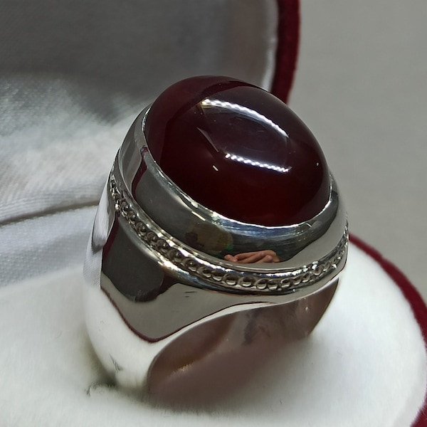 Yemeni Natural Dark Deep Red Aqeeq Mens Ring Sterling Silver 925 Handmade Red Carnelian Ring Shifat al Abad Ring Red Khabadi Hakik Ring