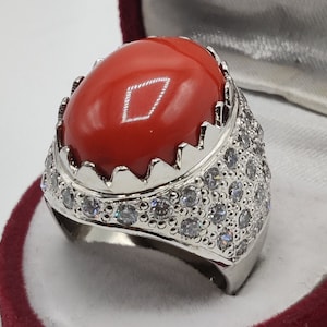 Handmade Deep Red Coral Mens Ring: Sterling Silver Marjan Ring